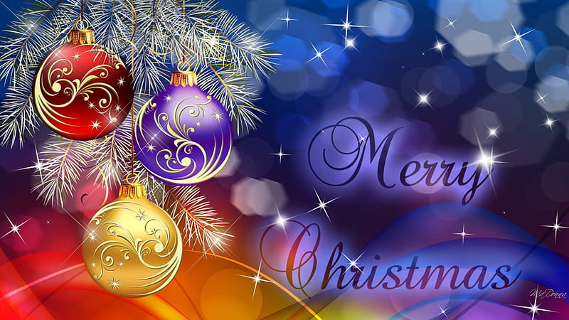 Christmas So Merry, stars, Christmas, glow, shine, spirit, tree, bokeh, purple, balls, decorations, bright, blue, HD wallpaper