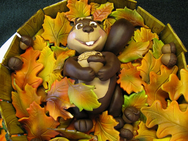 Autumn cake, autumn, squirrel, chocolate, feuilles, toamna, ardilla, leafs, otono, sweet, leaves, gland, acorn, automne, frunze, ecureuil, HD wallpaper