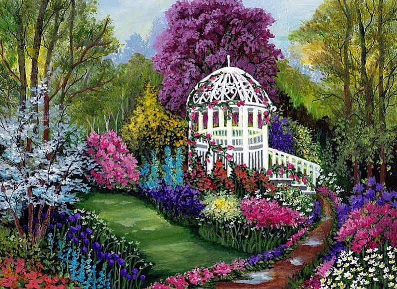 Jardín paraíso, pintura, Flores, camino, colores, Árboles, mirador, Obra de  arte, Fondo de pantalla HD | Peakpx