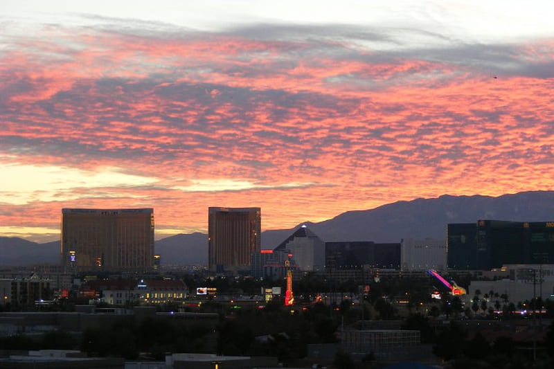 __Las Vegas Strip Orange_Jan_2014, Skyline, Orange Clouds, Las Vegas Strip, Architecture, HD wallpaper