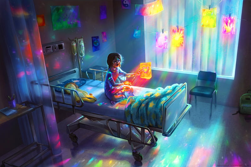 Drawn to Light, pretty, art, bonito, bed, lights, hope, hospital, fantasy, digital, child, HD wallpaper