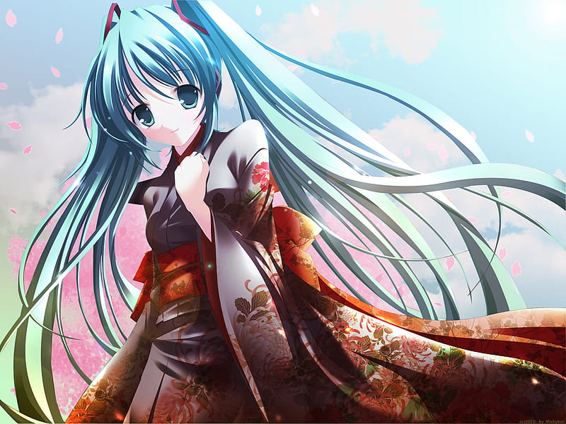 Hatsune Miku, vocaloid, twintails, kimono, sexy, cherry blossoms, cute ...