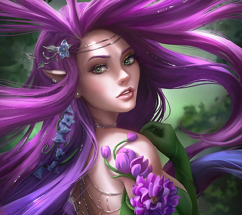 Venomous vine, fantasy, girl, purple, madeleineink, green, HD wallpaper