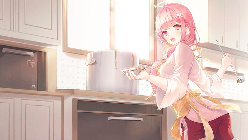 anime girl, cooking, kitchen, pink hair, smiling, Anime, HD wallpaper
