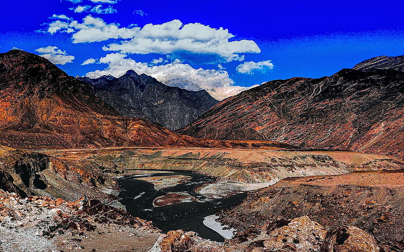 3 - Mountain ranges junction (Karakoram, Hindukush, and Himalayas), rocks, river, sky, Pakistan, asia, HD wallpaper