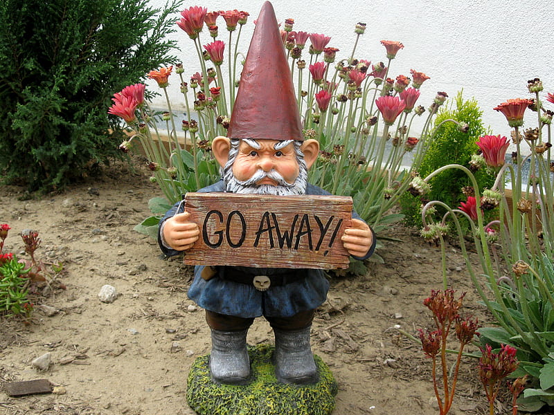 Ideal Garden Gnome, silly, gnome, sign, yard, away, go, flowers, garden, funny, HD wallpaper