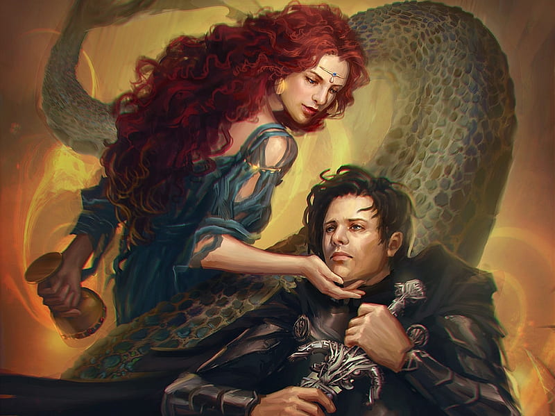 Stay with me!, art, redhead, man, fantasy, water, girl, carissa susilo, sword, couple, snake, creature, knight, HD wallpaper