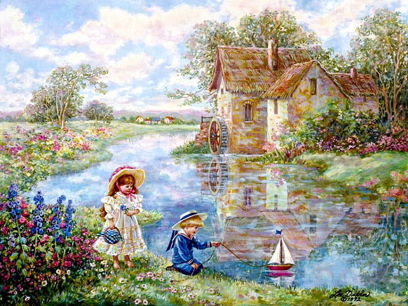Ship Ahoj !, boat, watermill, painting, children, river, artwork, vintage, HD wallpaper