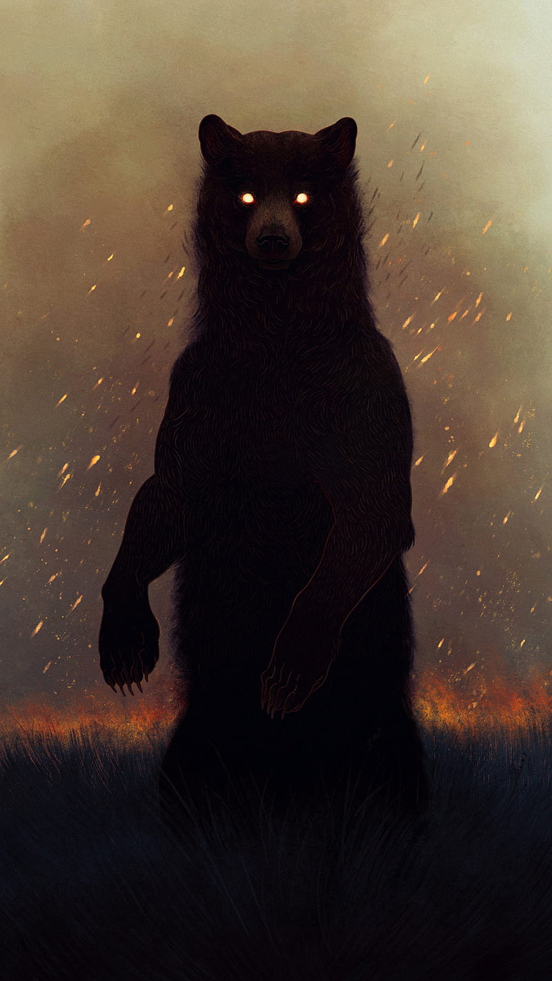 Demon bear, black, dark, eyes, fire, glowing, glowing eyes, standing bear, HD phone wallpaper