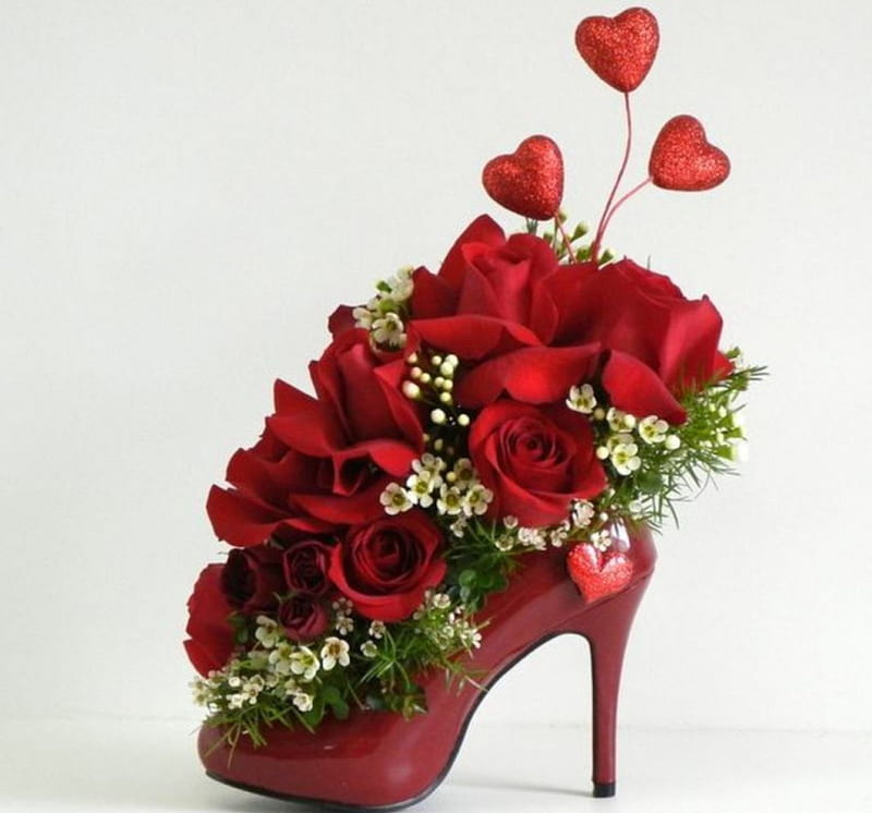 For Christmas Gift, Christmas, red, heart, flowers, roses, gift, shoes, HD wallpaper
