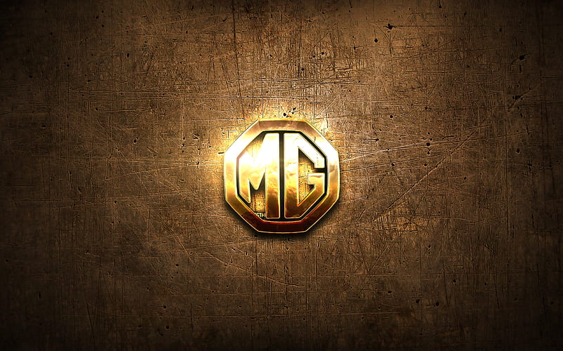 MG golden logo, cars brands, artwork, brown metal background, creative, MG logo, brands, MG, HD wallpaper