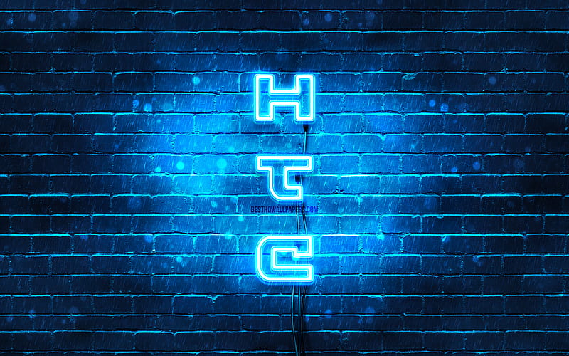 HTC blue logo, vertical text, blue brickwall, HTC neon logo, creative, HTC logo, artwork, HTC, HD wallpaper