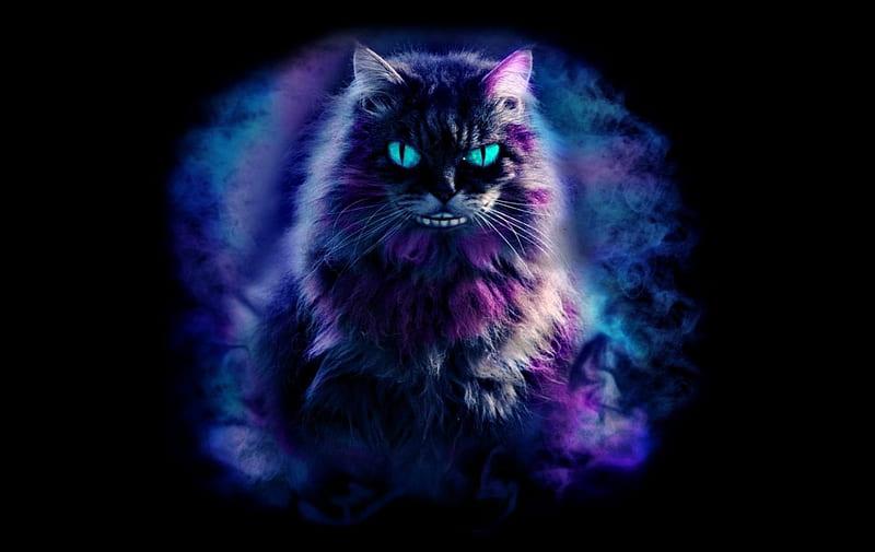 Cheshire cat, art, black, cat, fantasy, green, cheshire, dark, eyes, pink, blue, HD wallpaper