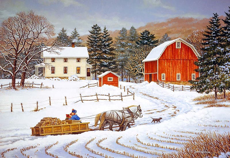A Full Day's Work, house, snow, winter, barn, painting, fields, trees, HD wallpaper