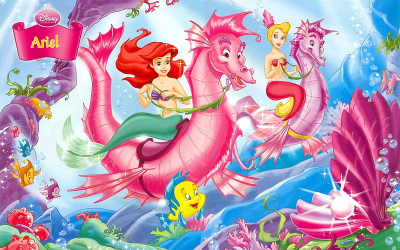 ~Princess Ariel~, colorful, Disney, fish, ocean, seahorses, pearl, little mermaid, ariel, flounder, princess, pink, clam, HD wallpaper