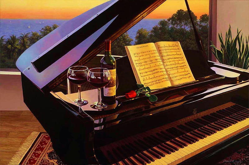 Days of Song, glass, rose, wine, bottle, book, piano, HD wallpaper