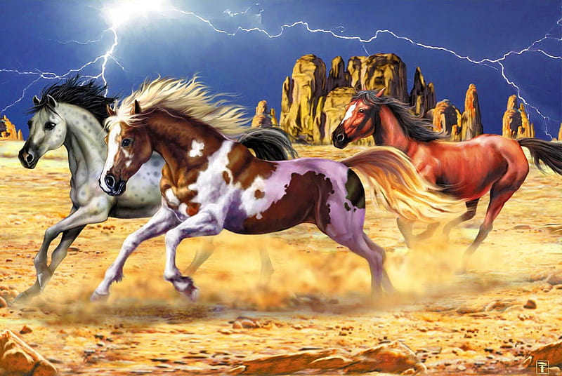 Race in the canyon, run, canyon, paintinh, beauitiful, nice, gorgeous, art, lovely, sky, storm, horses, lightning, running, nature, dust, castle, sands, HD wallpaper