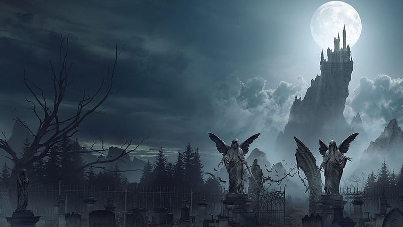 Dracula Castle under the moonlight, dracule castle, moon, fantasy, moon, stone, luminos, angel, HD wallpaper
