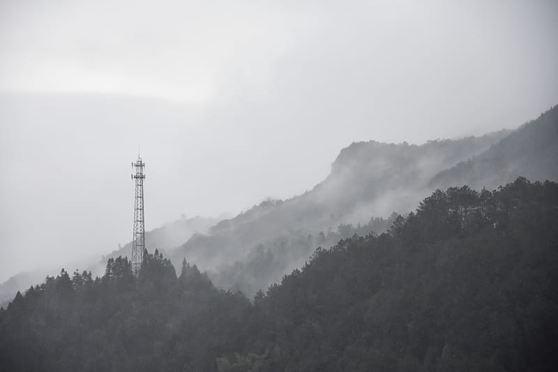 tower on hill covered with fog, HD wallpaper