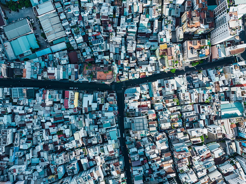 city, buildings, road, crossroads, aerial view, HD wallpaper