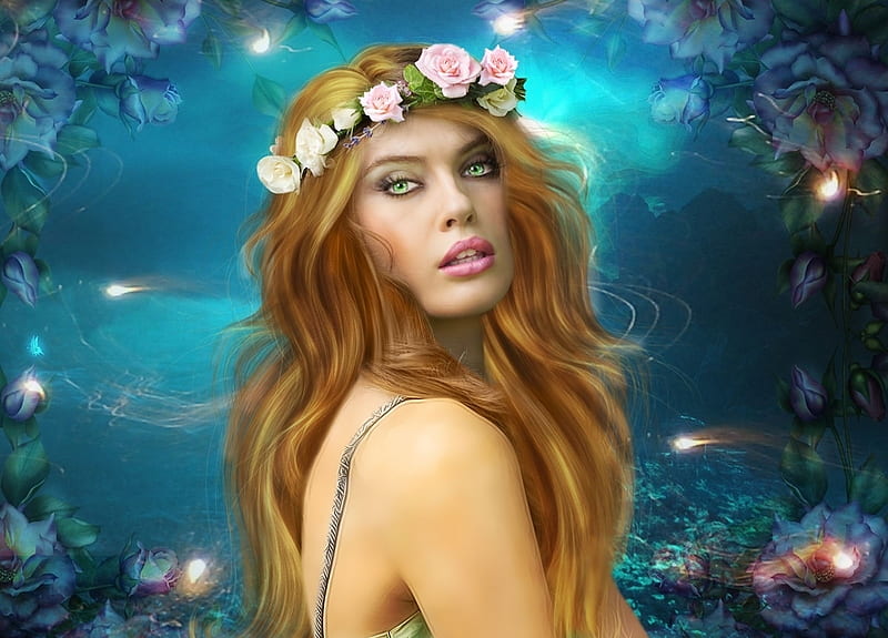 Beauty, blue, wreath, fantasy, girl, luminos, orchidea, mermaid, flower, HD wallpaper