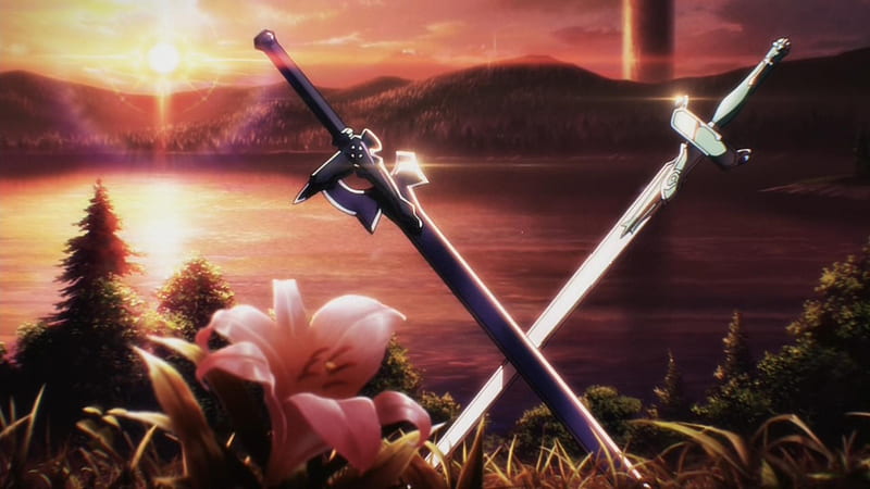 Anime, Sunset, Sword Art Online, Lake, Flower, Sword, HD wallpaper