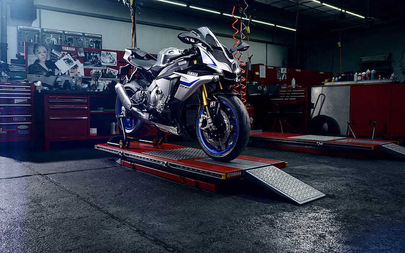 Yamaha YZF-R1M, 2018, new sports motorcycle, garage, Japanese motorcycles, Yamaha, HD wallpaper