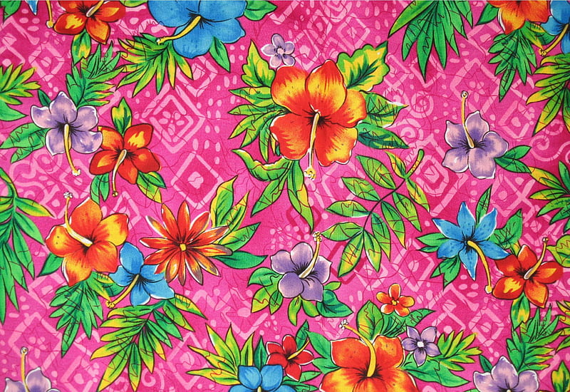Tropical Floral Design, art, on pink squares, hibiscus flowers, tropical, HD wallpaper