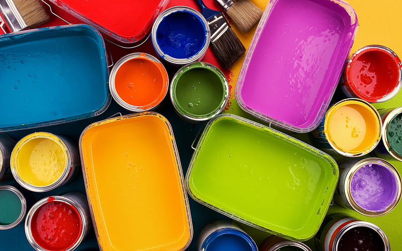 Colorful oil paints in opened paint bucket, HD wallpaper
