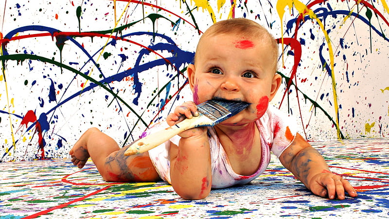 Como pinto?, dulce, bebe, pincel, dibujo, HD wallpaper