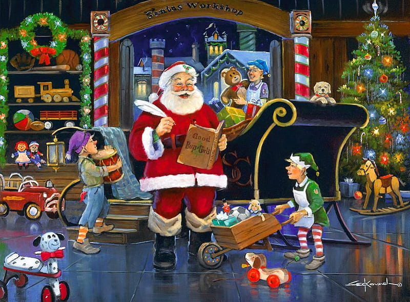 Santa's workshop, wreath, bonito, painting, toys, letter, art, holiday, christmas, decoration, fun, joy, smiling, winter, dwarfs, tree, santa, funny, gifts, workshop, HD wallpaper
