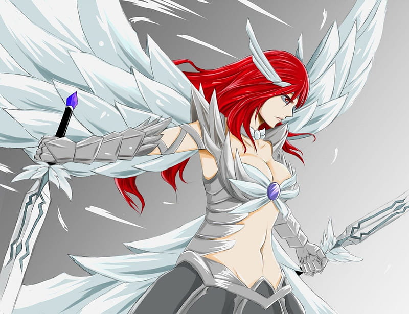 Erza Scarlet, swords, wings, erza, red hair, armor, weapons, fairy tail, grey background, anime, armour, HD wallpaper