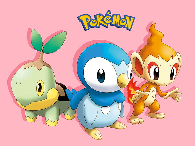 Turtwig, Chimchar & Piplup, chimchar, anime, characters, pokemon, piplup, turtwig, HD wallpaper