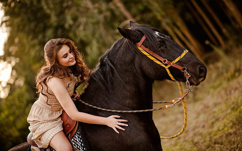 Please Don't Be Afraid.., female, dress, models, cowgirl, ranch, fun, horse, outdoors, women, brunettes, girls, fashion, western, style, HD wallpaper