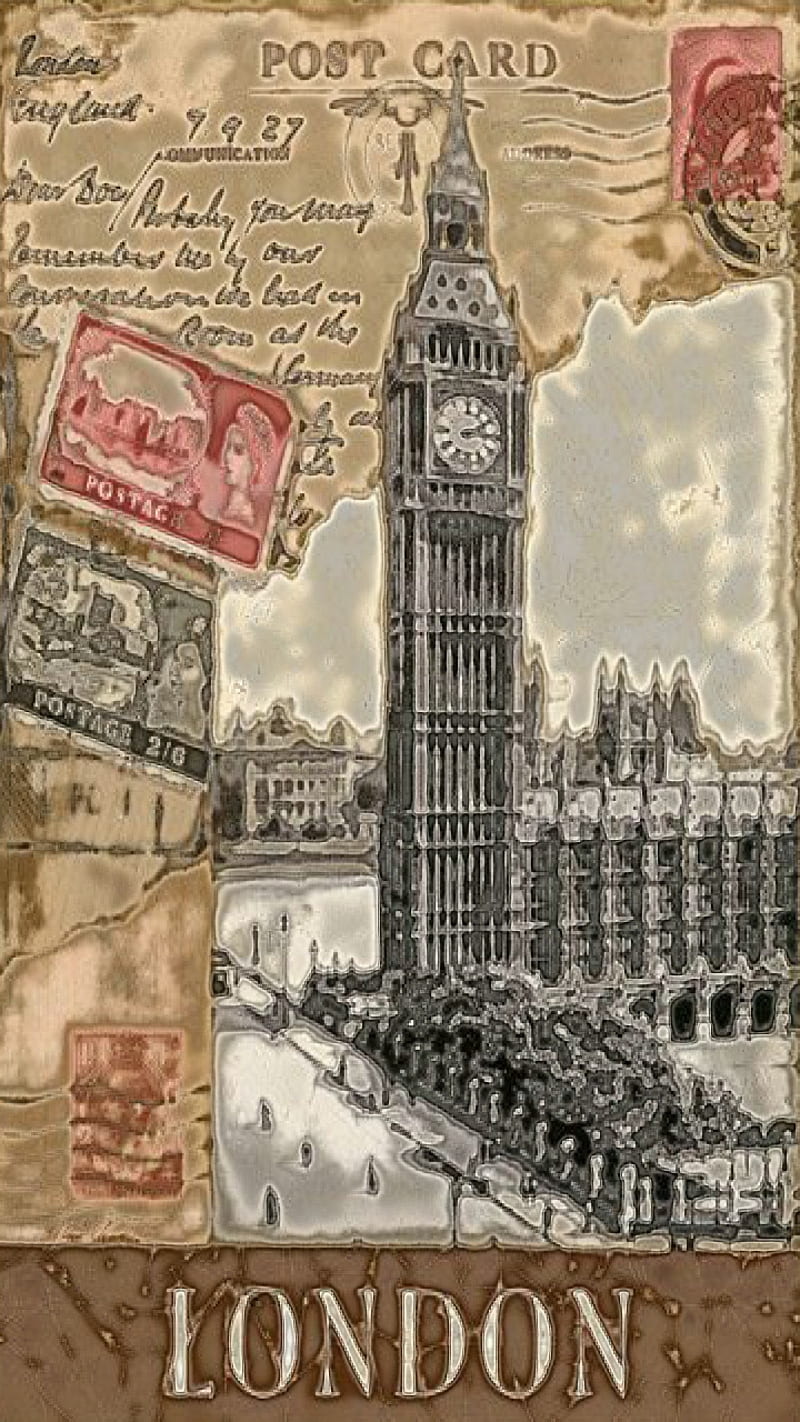 Big Ben, ben, big, clock, london, postcard, stamp, view, vintage, HD phone wallpaper