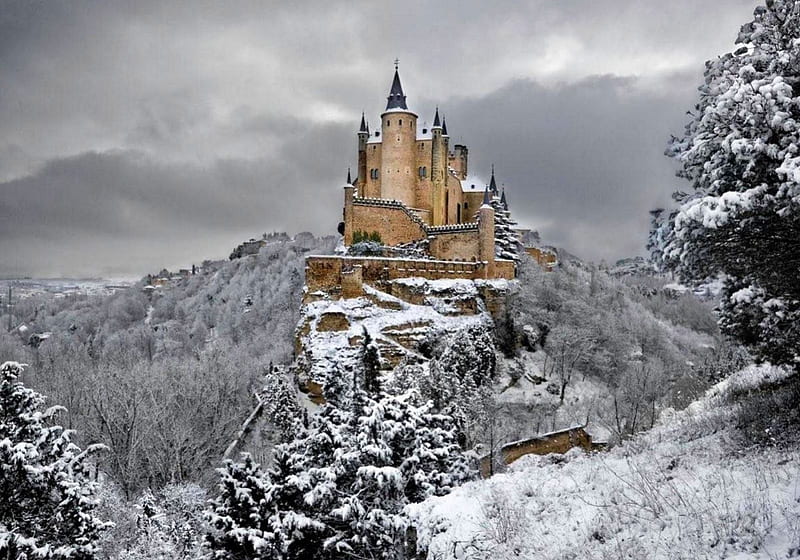 Alcazar Castle, Segovia, Spain, building, snow, trees, winter, landscape, HD wallpaper