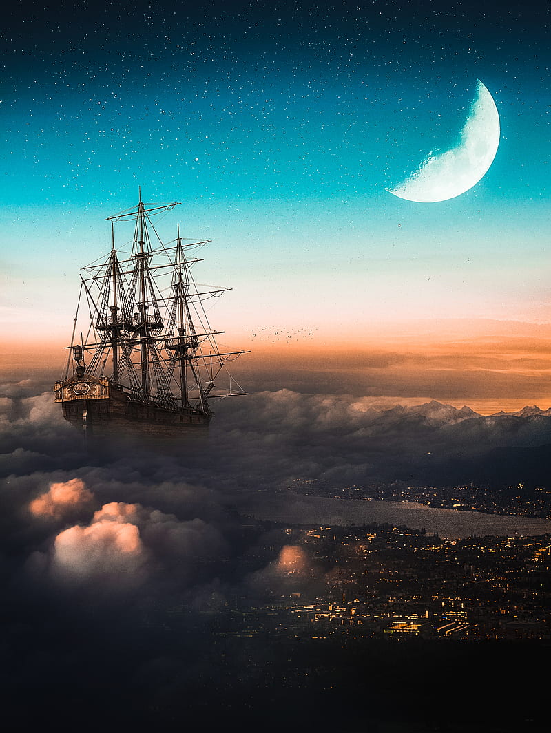 Vessel sailing city, boat, clouds, marine, moon, ship, sky, stars, town, HD phone wallpaper
