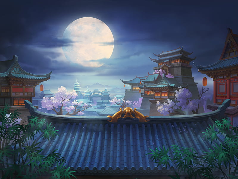 Moonlight, fantasy, roof, moon, mh c, moon, mhcart, night, world, luminos, blue, HD wallpaper