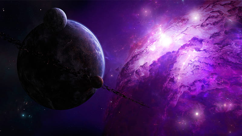 Lilac galaxy, stars, planets, space, absrtact, sky, galaxy, 3d, universe, earth, HD wallpaper