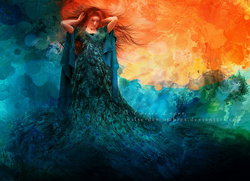 Lady Peacock, artistic, artist, orange, peacock, yellow, rainbow, woman, fantasy, manipulation, feather, painting, color, feathers, blue, art, paint, digital, colour, HD wallpaper