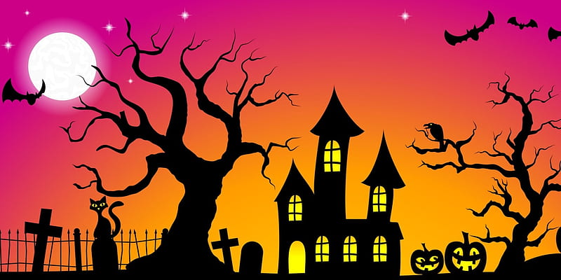 Spooky Halloween, stars, fence, house, bats, jack o lanterns, tombstones, trees, cat, moon, bird, black cat, full moon, Halloween, headstones, pumpkins, HD wallpaper