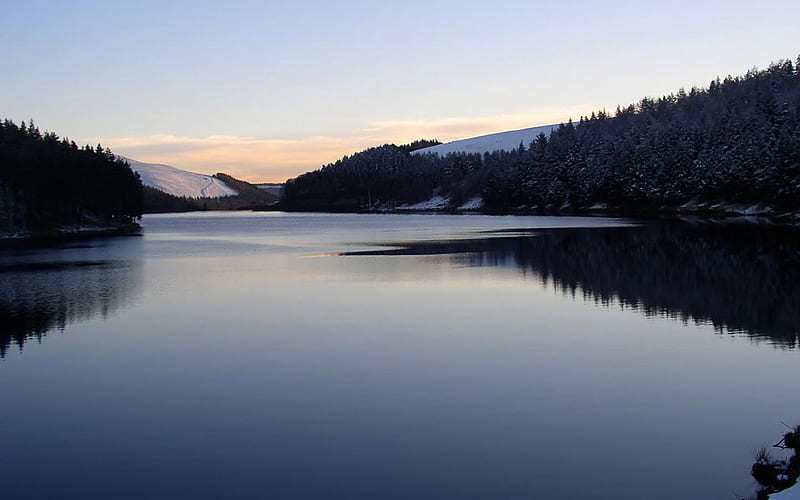 Howden Reservoir, calm, water, nature, trees, lake, winter, HD wallpaper