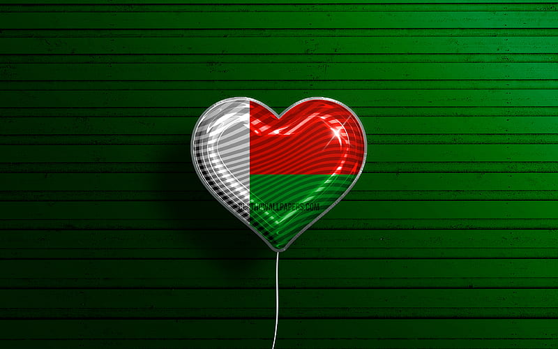 I Love Madagascar realistic balloons, green wooden background, African countries, Madagascar flag heart, favorite countries, flag of Madagascar, balloon with flag, Madagascar flag, Madagascar, Love Madagascar, HD wallpaper