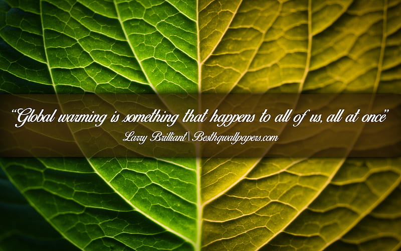 Global warming is something that happens to all of us All at once, Larry Brilliant, calligraphic text, quotes about Global warming, Larry Brilliant quotes, inspiration, leaves background, HD wallpaper