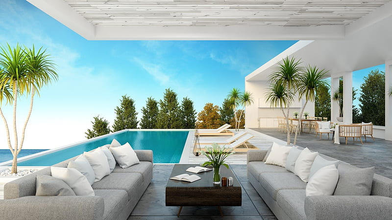 Living in Paradise, desenho, Pools, Architecture, Entertaining, Houses, Modern Outdoor Furniture, HD wallpaper