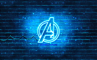 Avengers blue logo blue brickwall, Avengers logo, superheroes, Avengers neon logo, Avengers, HD wallpaper