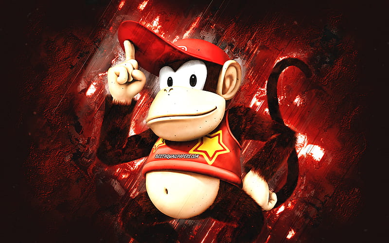 Diddy Kong, Super Mario, Mario Party Star Rush, characters, red stone background, Super Mario main characters, Diddy Kong Super Mario, HD wallpaper