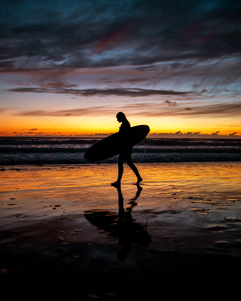 surfing, man, silhouette, sunset, HD phone wallpaper