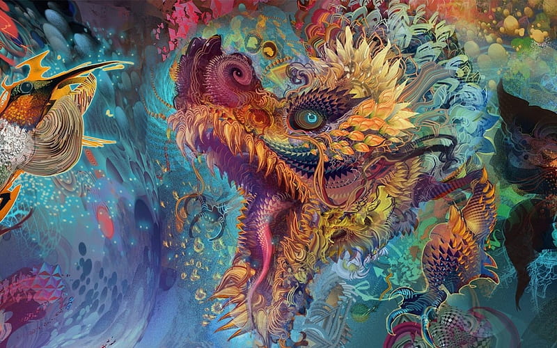 Dragon chasing a humming-bird, red, fantasy, humming-bird, luminos, orange, dragon, colibri, blue, HD wallpaper