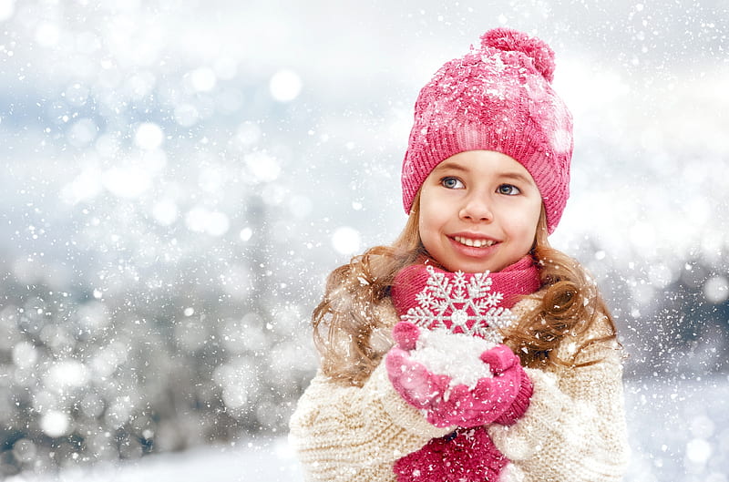 Let it snow, girl, snow, copil, child, white, pink, winter, hat, HD wallpaper